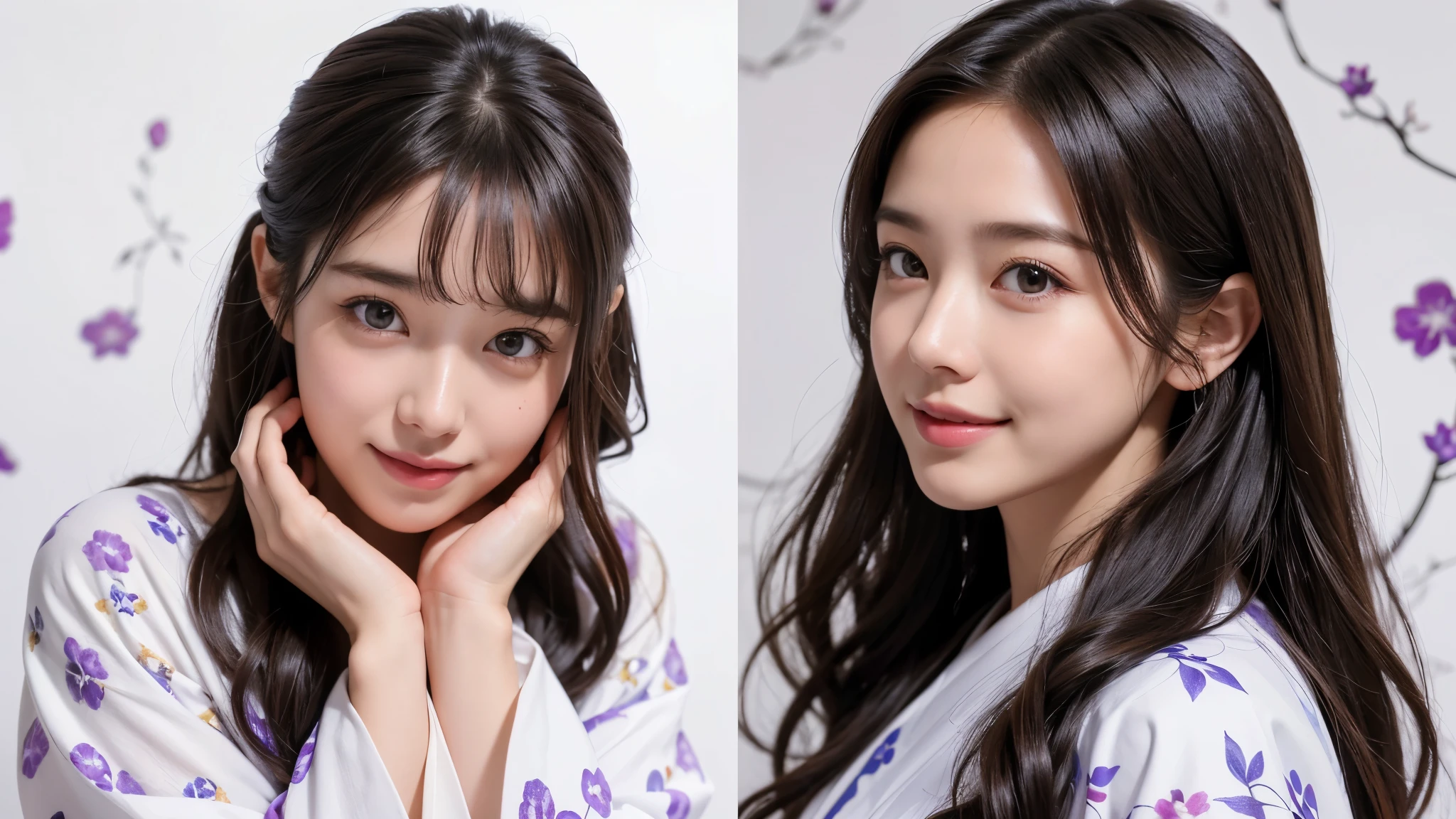 (highest quality、8k、32K、masterpiece、nffsw:1.2)、(RAW photo)、(realistic)、(Photoreal:1.2)、(High resolution)、Super detailed、very beautiful face and eyes、1 girl、round and small face、thin waist、delicate body、(close、highest quality、high detail、rich skin details)、(highest quality、8k、oil paint:1.2)、Super detailed、(realistic、realistic:1.37)、(((touch my mouth)))、(((Bewitching atmosphere)))、(((laughter)))、(((white background)))、((long hair))、(((pure white wall background)))、(((She is wearing a yukata with a purple botanical pattern.)))、(((pure white wall background)))、(((Light purple yukata)))、(((Yukata with botanical pattern)))、(((loose and fluffy permed hair)))、(((There is a big laughter)))、(((touch your chin with your hand)))、I'm smiling so much