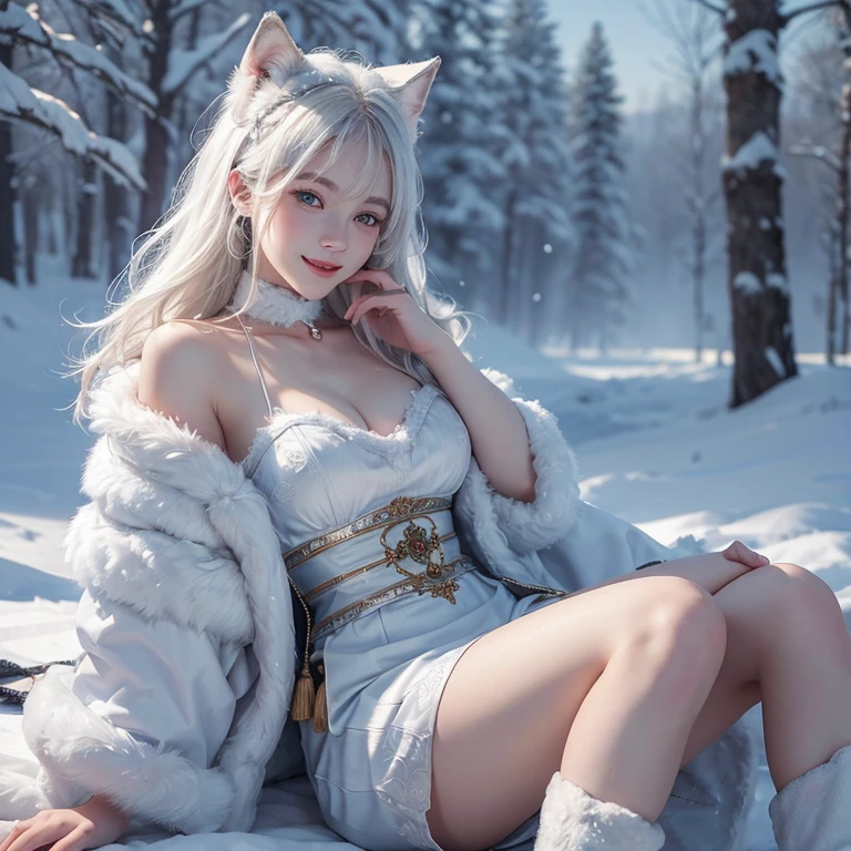 Heavy snowfall,snowing mountain、white wolf、 ((highest quality、masterpiece、8k、best image quality、ultra high resolution、Award-winning work)、(accurate ???????:1.1)、(look at me and smile:1.1)、Shining fair skin with ultra high resolution、most detailed face、ultra high resolution detailed face、white short hair flowing 、Beautiful face drawn in every detail、(blurred background:1.1)、breast fully covered by fur Russian traditional clothing,real wolf beside the girl 