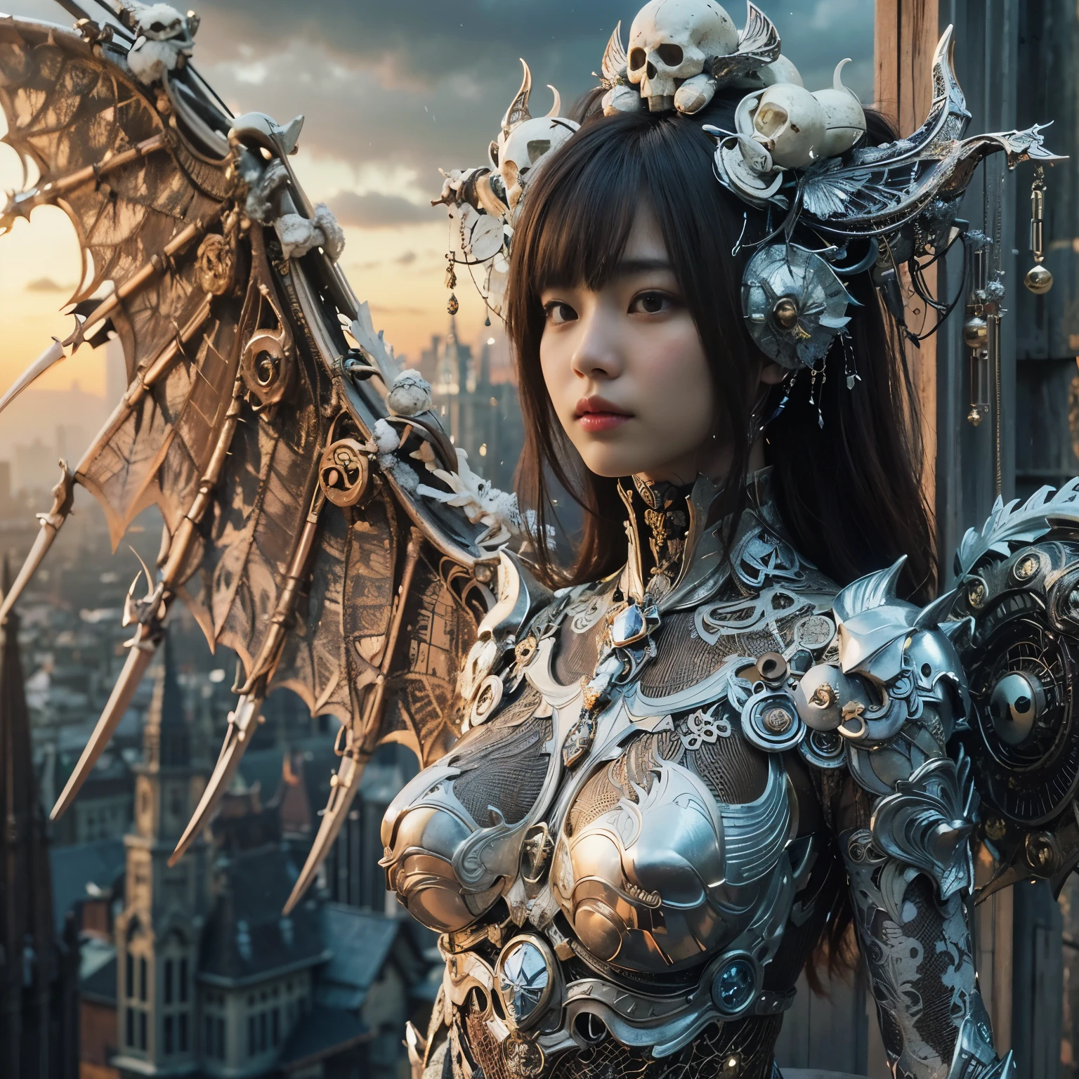 (masterpiece、highest quality、Realistic photos)、A very cute Japanese woman、(Brown skin:1.4)、A complex copper and brass mechanical armor with a skull motif.、Bat Wings、White tone、Blue accents、foot、Extremely intricate details、Posing on the medieval castle walls at sunset、Full Body Shot、Minimum 4 or more generated