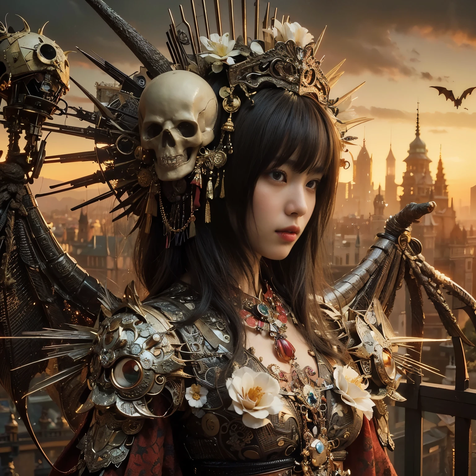 (masterpiece、highest quality、Realistic photos)、A very cute Japanese woman、(Brown skin:1.4)、A complex copper and brass mechanical armor with a skull motif.、Bat Wings、White tone、Blue accents、foot、Extremely intricate details、Posing on the medieval castle walls at sunset、Full Body Shot、Minimum 4 or more generated