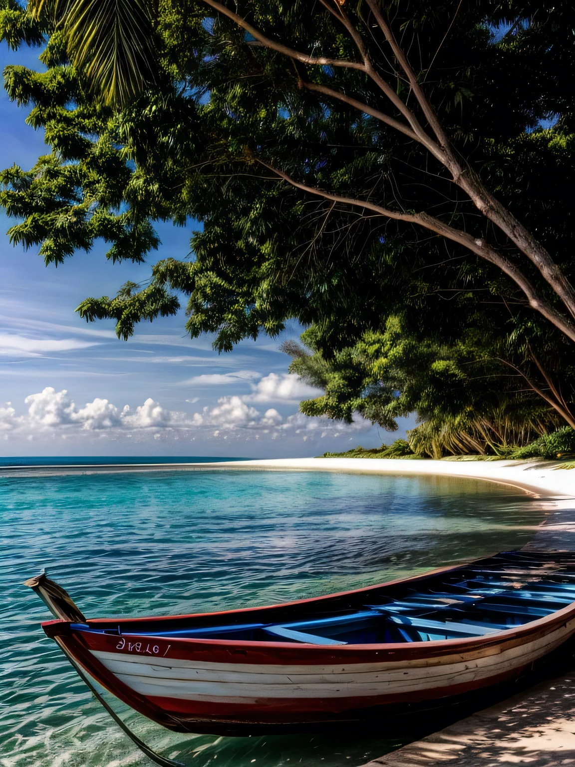 Seaside cottage, Blue sky, Maldives , small boats, the detail, 8k HD, best quality