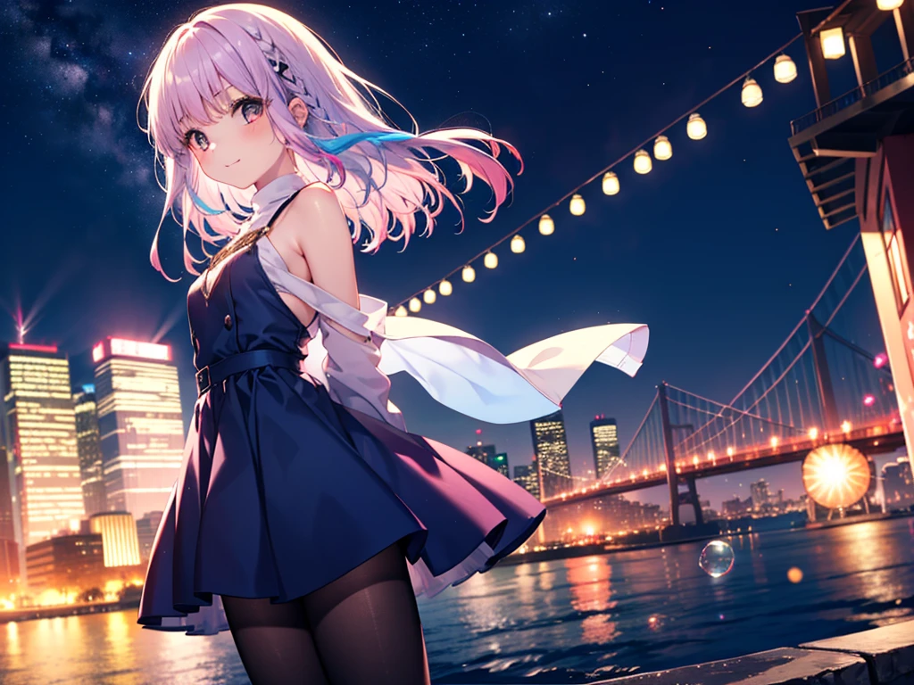 A girl with short, dark brown lob hair stands on the rooftop of a high-rise building overlooking Tokyo late at night.、A high school student wearing a white and black sailor uniform with a pale pink ribbon、She wears a large witch's hat with a small sapphire accessory、A few star creams、Beautiful starry sky、Beautiful night view、