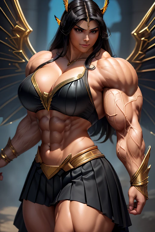 ((((Massive, beautiful, buff, light brown skinned muscular dark angel woman with black hair, black lipstick, glowing eyes, huge black angel wings, ginormous bulky muscles and wearing a beautiful black angel dress)))), {close view}, massive muscles, massive biceps, hyper muscle shoulders, massive muscle arms, vascular shoulders, hyper muscle triceps, huge angel wings, (long straight hair), orange eyes, choker, angel gauntlets, in front of a meteor shower in a Destroyed City, devious smile, hyper muscles arms, hyper muscle legs, (massive arms).