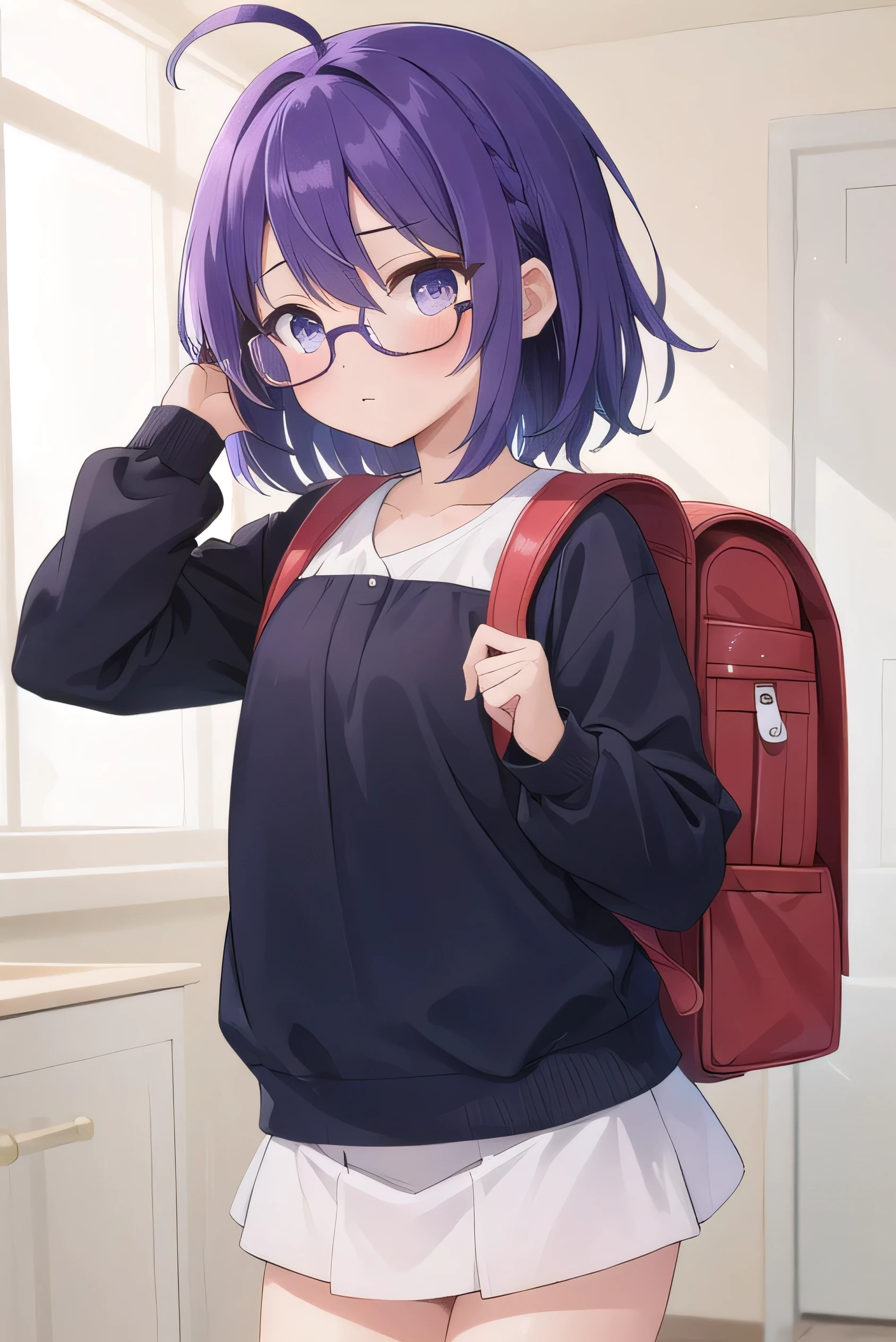(Purple hair:1.4), gray eyes, white , navy blue miniskirt, 11 years old, short, short long hair, kind expression, shy, backpack, almost no breasts, slightly exposed. hair,(flipped hair ), flipped hair, long sleeves, ahoge, girl alone, flipped hair, flipped hair, flipped hair, flipped hair, glasses with no edges, embarrassed, flat chest