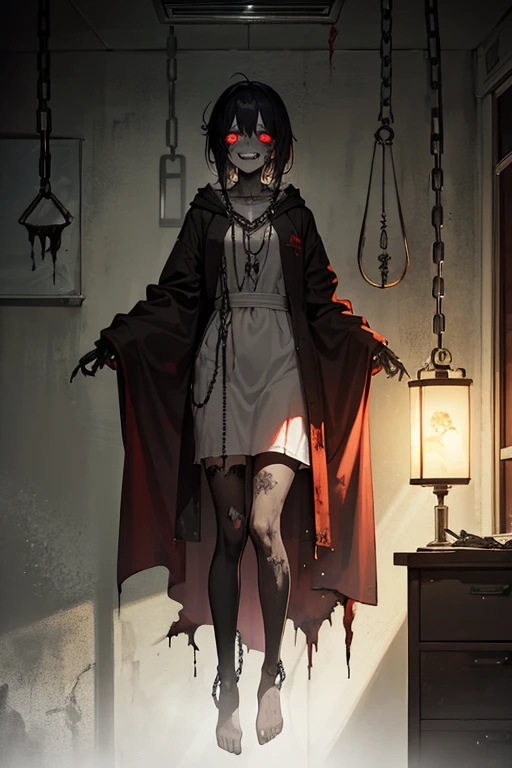 A hanged girl with decayed body and rotten skin. She is an abandoned patient. Hanged with rusted chains, Wearing white patient-robe, Eerily smiling showing her fangs. Suspended corps at the abandoned surgery room with modern interior, Still alive, Undead, Dripping bloods, Floating feet, Light-out, Midnight, Nightmare, Dark atmosphere, Grotesque, Horror