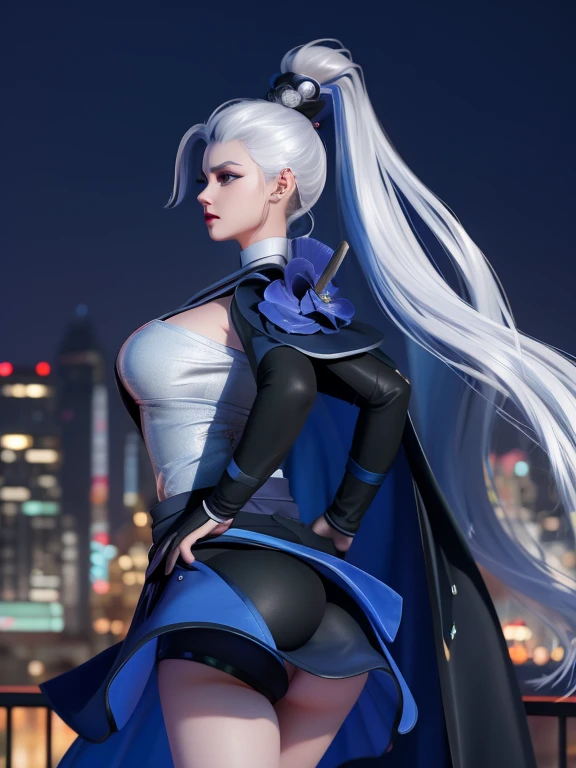 WZRY Mulan MQJF, 1 Girl, Long hair, Solitary, Ponytail, cape, white hair, jewelry, skirt, blue eyes, Black gloves, armor, breast,  cityscape, night, Looking at the audience, Mature female, Nice butt,，Beautiful buttocks，skirt里什么都没穿