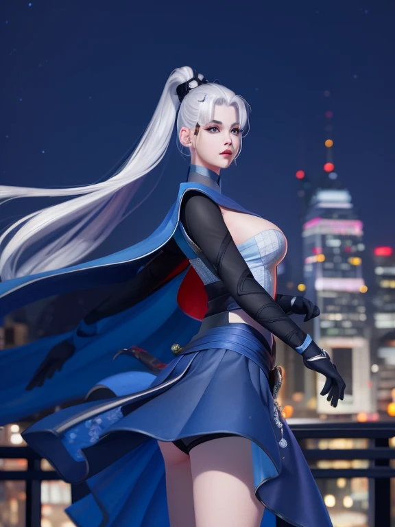 WZRY Mulan MQJF, 1 Girl, Long hair, Solitary, Ponytail, cape, white hair, jewelry, skirt, blue eyes, Black gloves, armor, breast, cityscape, night, Looking at the audience, Mature female, Nice butt,,Beautiful buttocks,skirt里什么都没穿