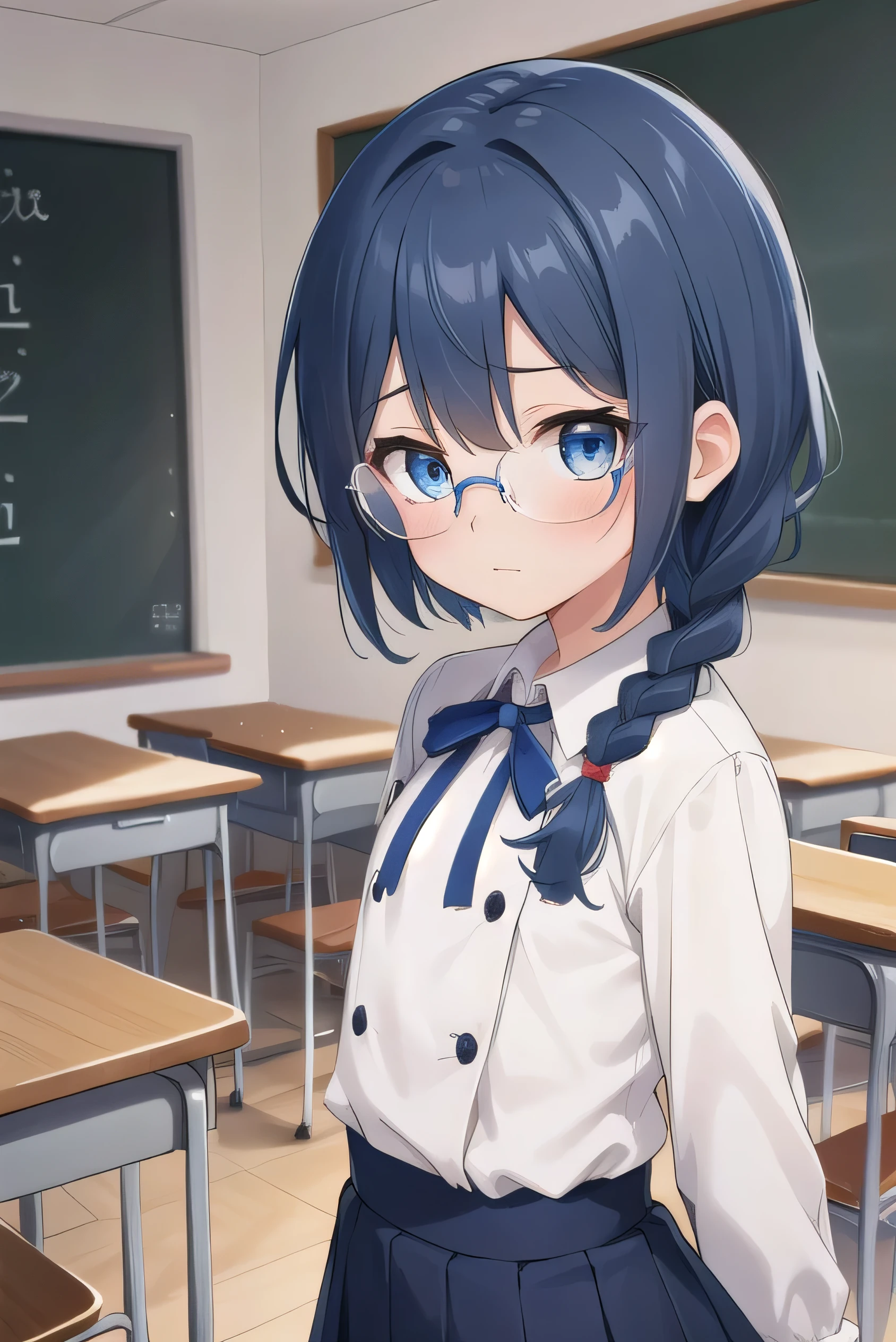 small breasted girl, short, , blue hair, fishtail braid, blue eyes, round eyes, shy, shy, classroom, short, young face, short height, , glasses with no edges,flat chest,