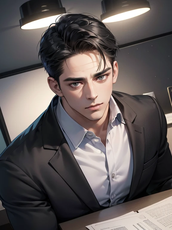 (best quality, masterpiece, 8K, photorealistic, cinematic lighting, hdr image, ultra detailed, beautiful image), 1 man, 31 years old, mature man, very handsome, (without expression, serious), short black hair, black eyes ( penetrating gaze), perfect face without errors, imposing posture, without errors, businessman, office background