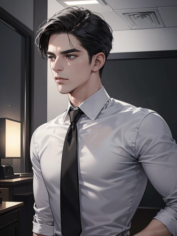 (best quality, masterpiece, 8K, photorealistic, cinematic lighting, hdr image, ultra detailed, beautiful image), 1 man, 31 years old, mature man, very handsome, (without expression, serious), short black hair, black eyes ( penetrating gaze), perfect face without errors, imposing posture, without errors, businessman, office background