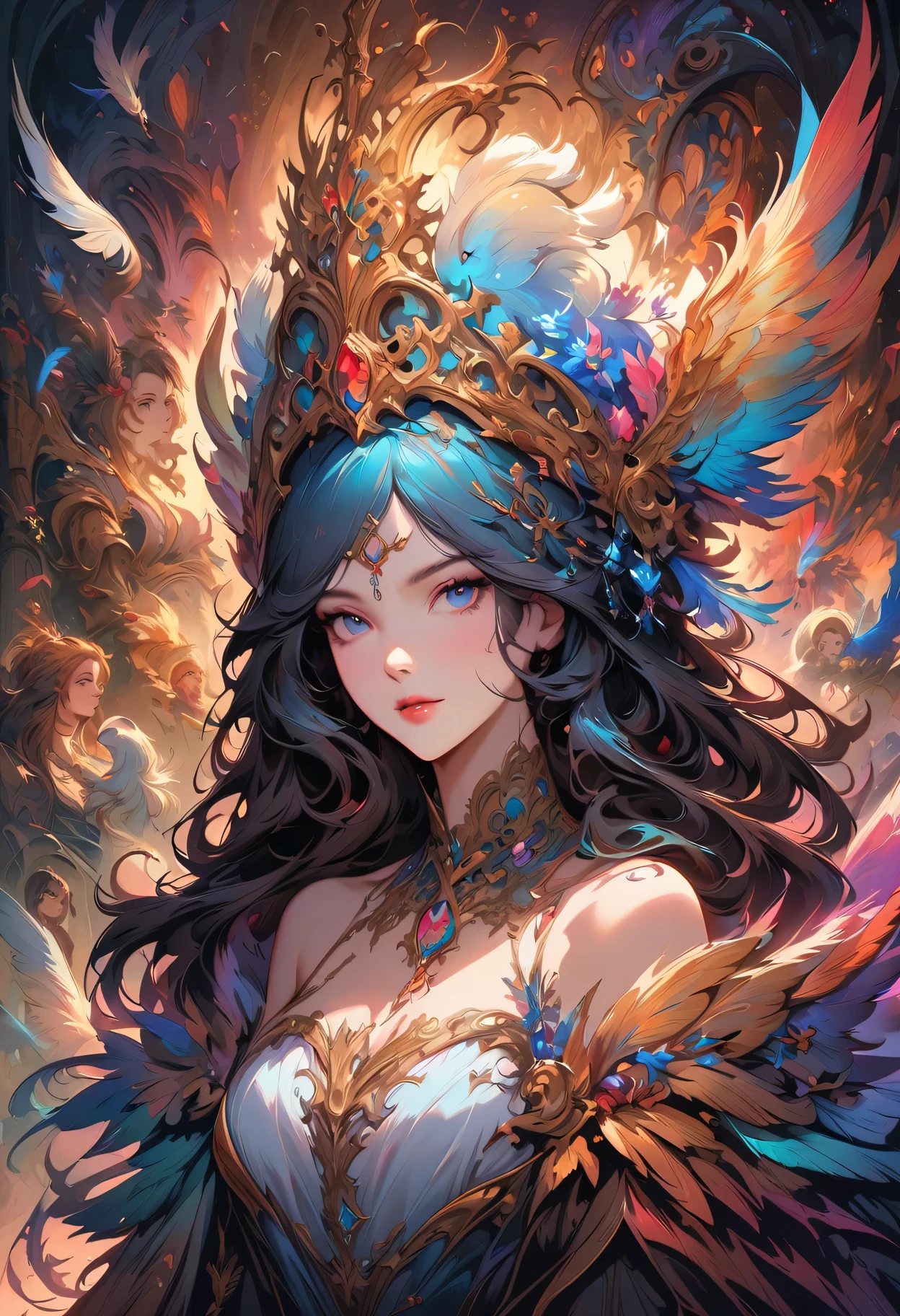 Longing for woman with feathers and feathered hats and swords, Beautiful character painting, Beautiful digital artwork, Fantasy art style, by Yang J, digital fantasy art ), Ross Tran 8 K, 8K high quality detailed art, A beautiful artwork illustration, beautiful digital art, Beautiful digital illustration, beautiful fantasy art, Guviz-style artwork