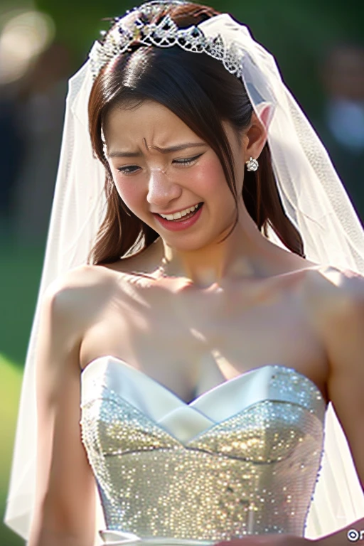 a japanese beautiful woman, 25 years old, , 8k, super detail, best quality, (photorealistic:1.4), (happy crying:1.4), Wedding dress, (From the chest up:1.5), first-person view