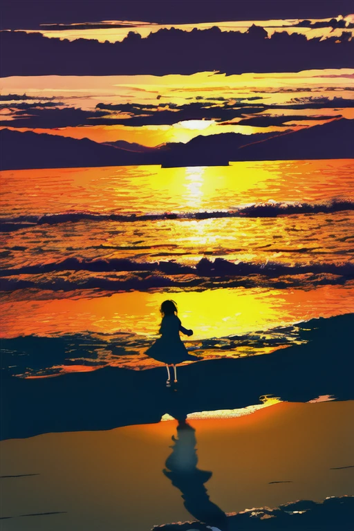 The light of the setting sun reflects fantastically from the seaside and scatters、Flying lights,Silhouette of a girl walking, Long Shadows