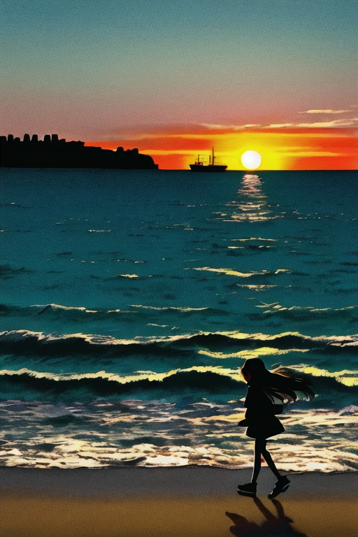 The light of the setting sun reflects fantastically from the seaside and scatters、Flying lights,Silhouette of a girl walking, Long Shadows