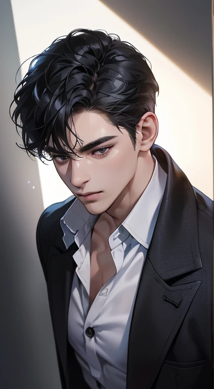 (best quality, masterpiece, 8K, photorealistic, cinematic lighting, 1:4 hdr image, top view, ultra detailed, beautiful image), a mature man, very handsome, short black hair, black eyes, perfect face without errors , ((buttoning his jacket, CEO))