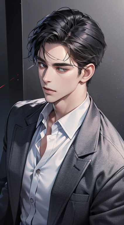 (best quality, masterpiece, 8K, photorealistic, cinematic lighting, 1:4 hdr image, top view, ultra detailed, beautiful image), a mature man, very handsome, short black hair, black eyes, perfect face without errors , ((buttoning his jacket, CEO))