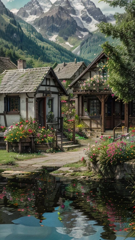 This oil painting captures a picturesque coastal town with cobblestone streets, lakeside view, vibrant flowers, charming cafe, and elegant buildings. The painting masterfully blends dark fantasy elements with fashion, creating a unique visual experience. The vibrant painting showcases a charming cafe, distant mountains, and a serene atmosphere.
