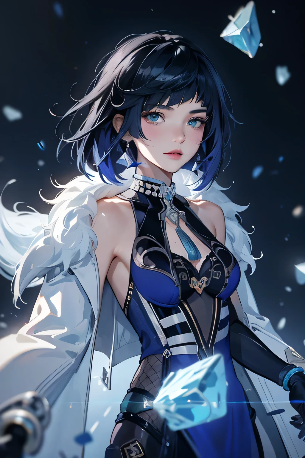 ((yelandef)):1.5,((masterpiece,Highest quality,Highly detailed 3DCG,Beautiful images))1.4(Dynamic images of Yelan、Fragments,crystals、Overall dim lighting、Backlight、A fantastic atmosphere、Dust flutters)1.3,(Close-up image of yelan)1.1、(Exposed lateral breasts、Cool look、Cold Atmosphere):1.2