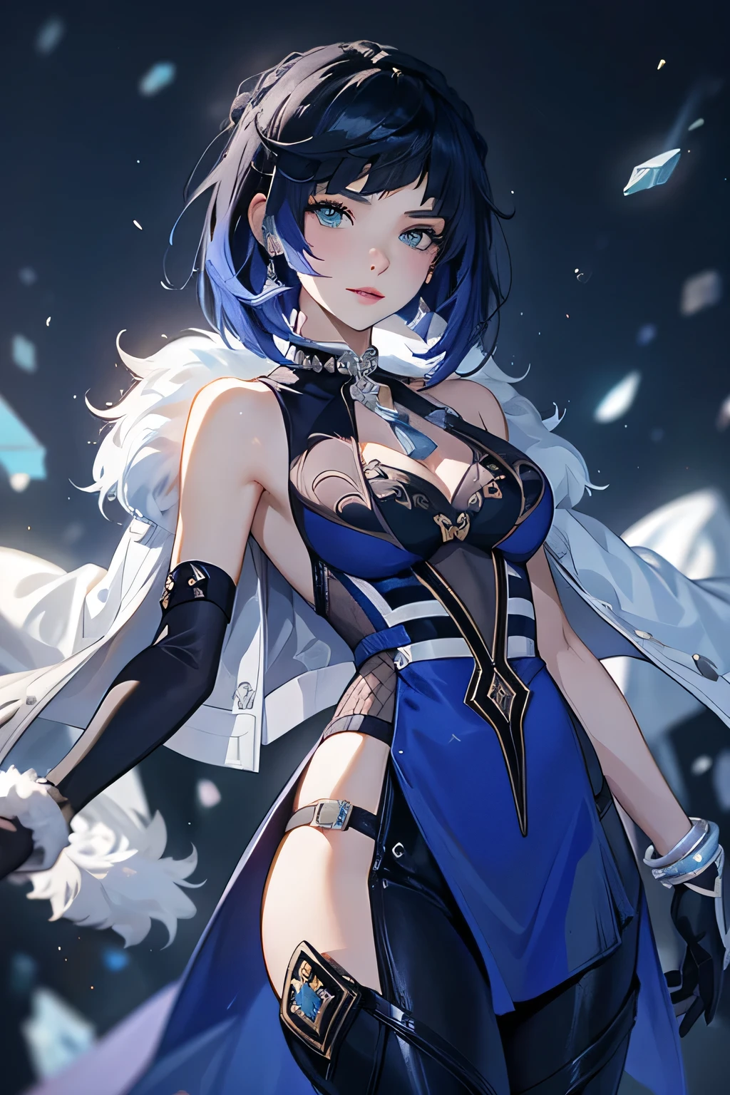 ((yelandef)):1.5,((masterpiece,Highest quality,Highly detailed 3DCG,Beautiful images))1.4(Dynamic images of Yelan、Fragments,crystals、Overall dim lighting、Backlight、A fantastic atmosphere、Dust flutters)1.3,(Close-up image of yelan)1.1、(Exposed lateral breasts、Cool look、Cold Atmosphere):1.2
