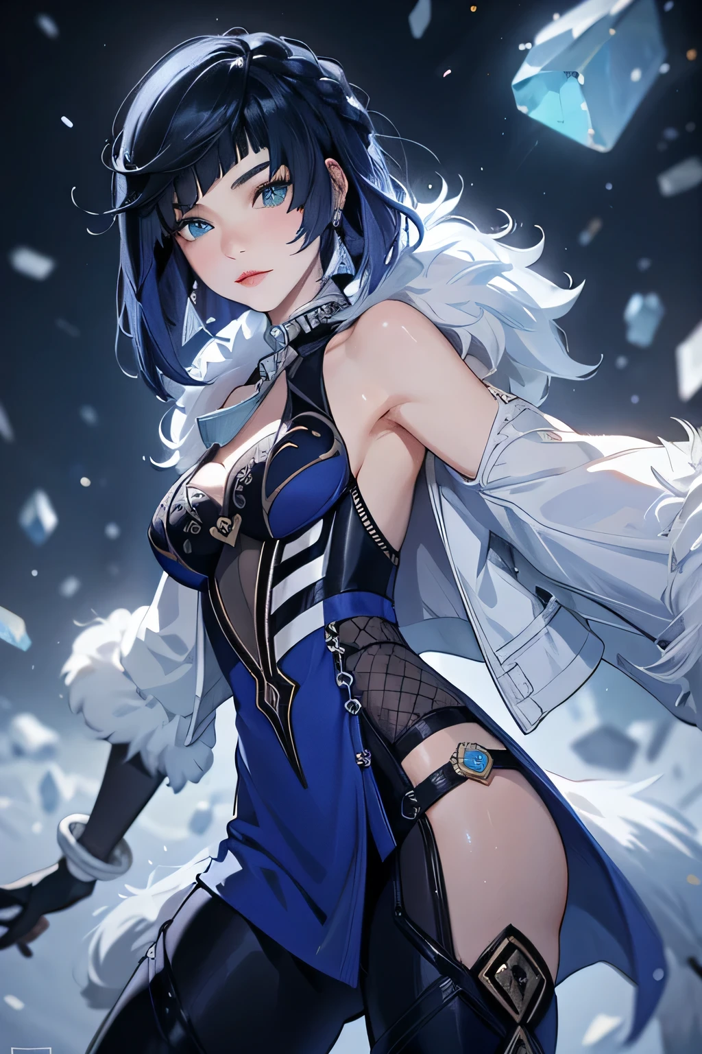 ((yelandef)):1.5,((masterpiece,Highest quality,Highly detailed 3DCG,Beautiful images))1.4(Dynamic images of Yelan、Fragments,crystals、Overall dim lighting、Backlight、A fantastic atmosphere、Dust flutters)1.3,(Close-up image of yelan)1.1、(Exposed lateral breasts、Cool look、Cold Atmosphere):1.2
