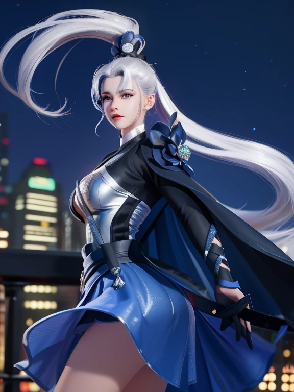 WZRY Mulan MQJF, 1 Girl, Long hair, Solitary, Ponytail, cape, white hair, jewelry, skirt, blue eyes, Black gloves, armor, breast,  cityscape, night, Looking at the audience, Mature female, Nice butt,，Beautiful buttocks，skirt里什么都没穿