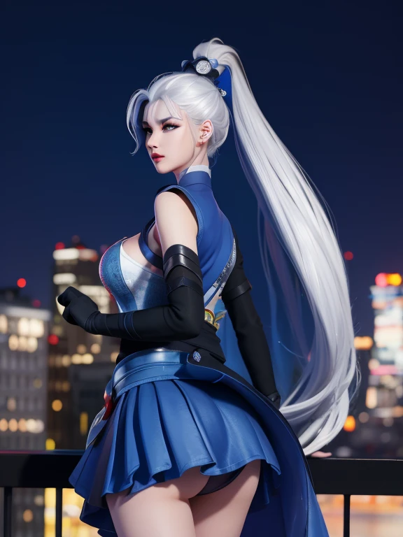 WZRY Mulan MQJF, 1 Girl, Long hair, Solitary, Ponytail, cape, white hair, jewelry, skirt, blue eyes, Black gloves, armor, breast,  cityscape, night, Looking at the audience, Mature female, Nice butt,，Beautiful buttocks，skirt里什么都没穿