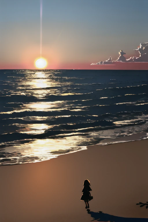 The light of the setting sun reflects fantastically from the seaside and scatters、Flying lights,Silhouette of a girl walking, ((Long Shadows))