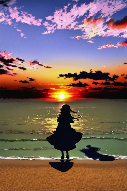 The light of the setting sun reflects fantastically from the seaside and scatters、Flying lights,Silhouette of a girl walking, ((Long Shadows))