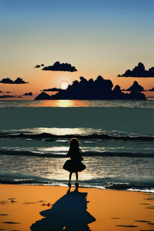 The light of the setting sun reflects fantastically from the seaside and scatters、Flying lights,Silhouette of a girl walking, ((Long Shadows))