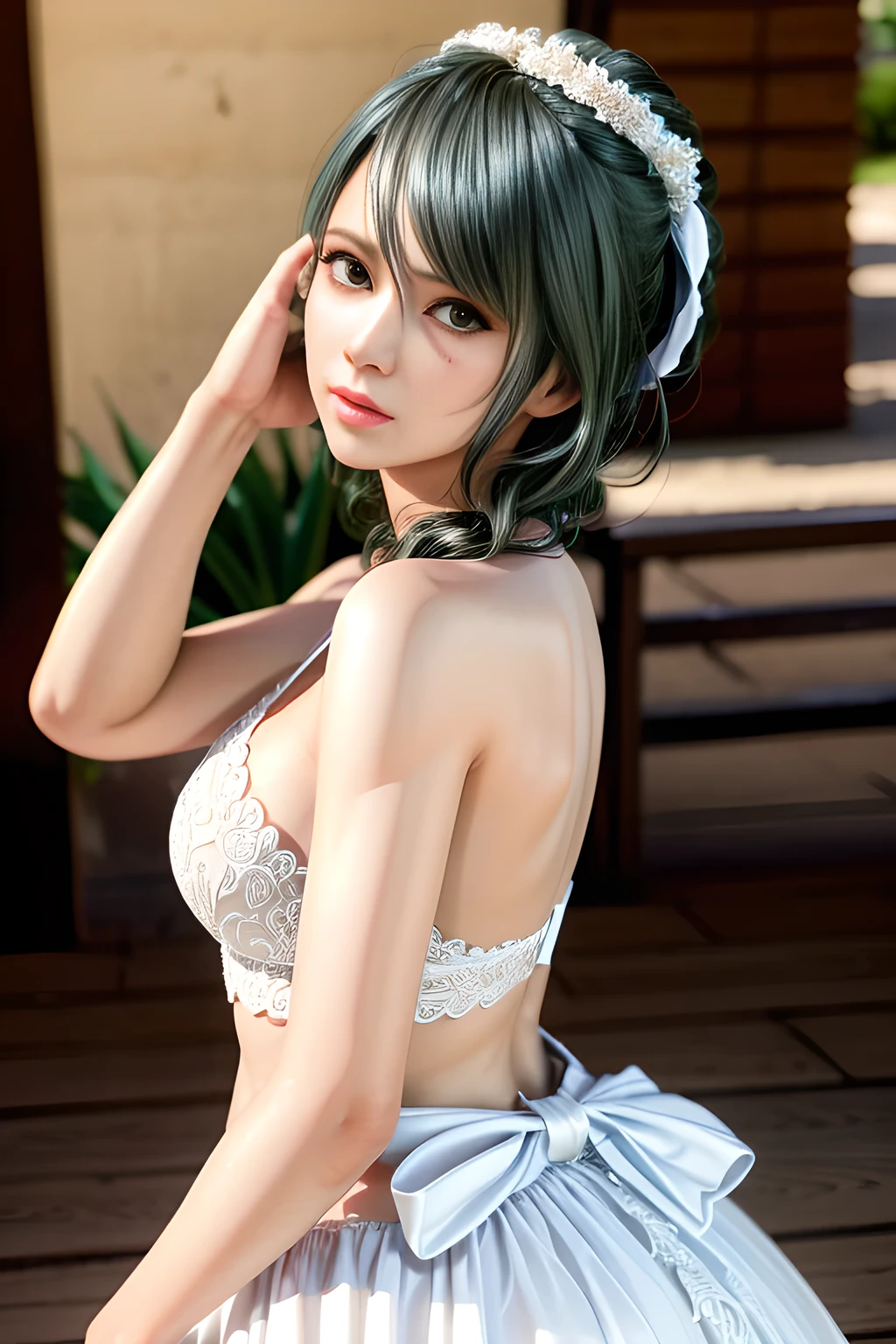 1 girl,in a two-piece wedding dress,beautiful detailed eyes,beautiful detailed lips,extremely detailed eyes and face,long eyelashes,loli character,two-piece wedding dress,white gown,detailed lace trim,(best quality,4k,8k,highres,masterpiece:1.2),ultra-detailed,(realistic,photorealistic,photo-realistic:1.37),elegant,traditional wedding attire,fancy hairdo,big bow on the back of the dress tamaki