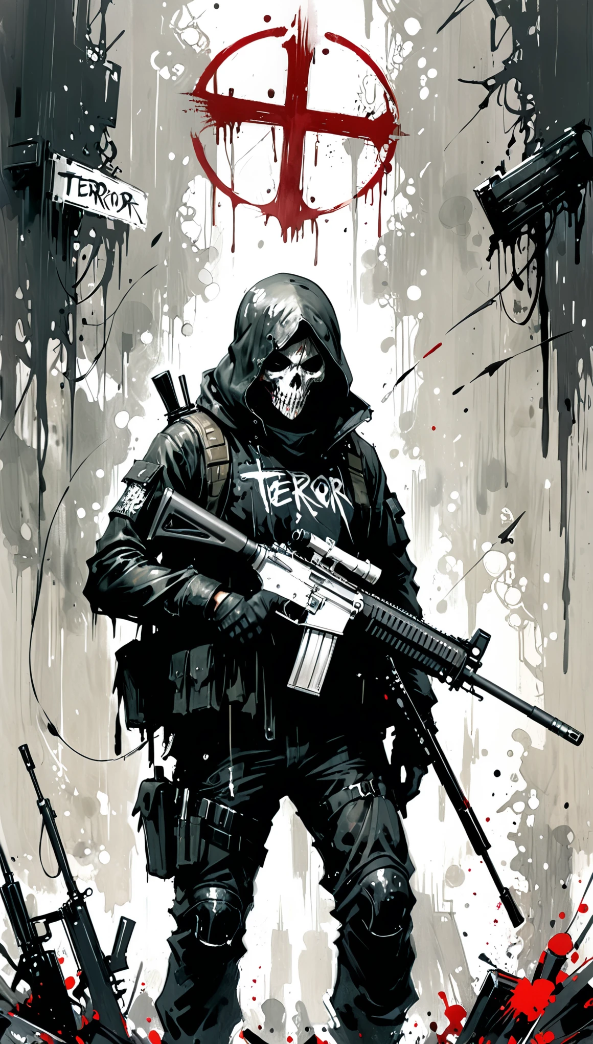 in style of Ashley Wood，1boy,heavy firearms，Modified weapons，Portable Devices，role conception，terror blood,death sign，Very detailed，more details，Smooth and smooth brush strokes，