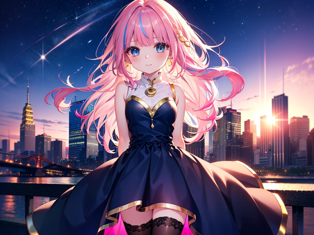 Navy Blue Dress, Blue Eyes, Beautiful details、 Shining Eyes, (((Gold and pink hair)))、(((One Girl))),Multicolored Hair、Inner Color、28歳woman、Shortcuts、1 girl、Big smile、Beautiful sky、8K background、Medium Chest、whole body、woman、((((Place your arms behind your back)))),Sleeveless、Black knee-highs、