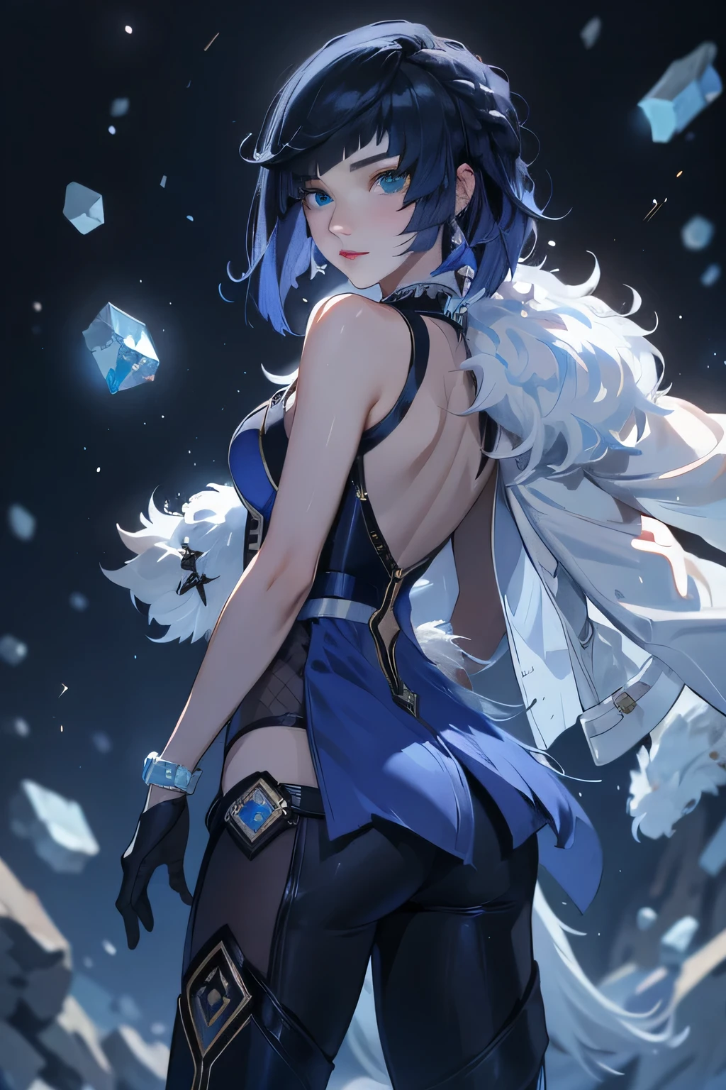 ((yelandef)):1.5,((masterpiece,Highest quality,Highly detailed 3DCG,Beautiful images))1.4(Dynamic images of Yelan、Fragments,crystals、Overall dim lighting、Backlight、A fantastic atmosphere、Dust flutters)1.3,(Yelan&#39;s full body image)1.1、(Exposed lateral breasts、Cool look、Cold Atmosphere):1.2
