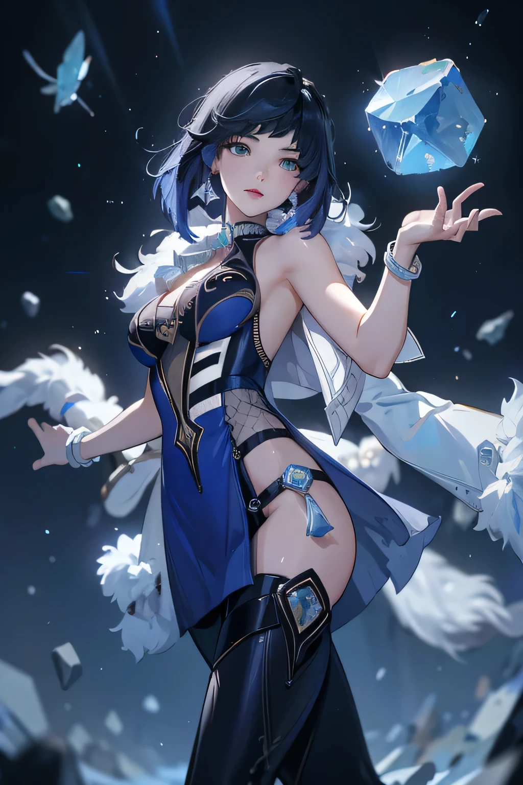 ((yelandef)):1.5,((masterpiece,Highest quality,Highly detailed 3DCG,Beautiful images))1.4(Dynamic images of Yelan、Fragments,crystals、Overall dim lighting、Backlight、A fantastic atmosphere、Dust flutters)1.3,(Yelan&#39;s full body image)1.1、(Exposed lateral breasts、Cool look、Cold Atmosphere):1.2
