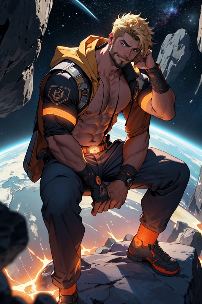 Draw an adult programmer, sitting on a research platform floating in the middle of an asteroid belt. He is studying with a notebook, surrounded by several asteroids glowing with fiery auras. Dramatic lighting from distant stars and planets illuminates the scene, casting deep shadows on the suit. The adult man looks confident and determined, looking at the vast and mysterious universe with wonder and respect, facial hair, cowboy shot, shirtless, blonde, naked, hairy chest, no sleves