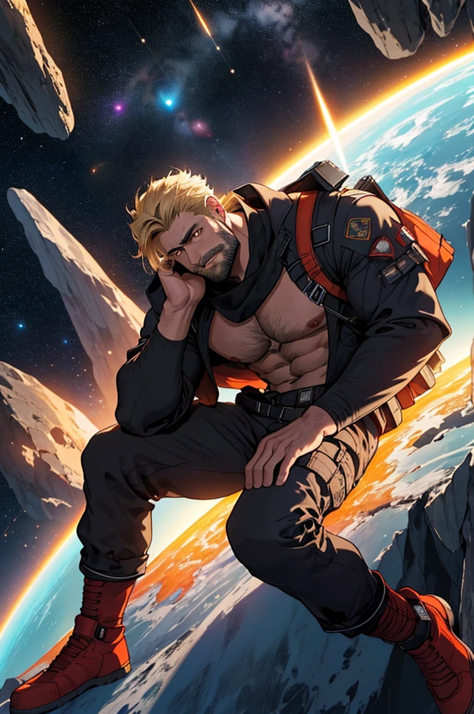 Draw an adult programmer, sitting on a research platform floating in the middle of an asteroid belt. He is studying with a notebook, surrounded by several asteroids glowing with fiery auras. Dramatic lighting from distant stars and planets illuminates the scene, casting deep shadows on the suit. The adult man looks confident and determined, looking at the vast and mysterious universe with wonder and respect, facial hair, cowboy shot, shirtless, blonde, naked, hairy chest, no sleves