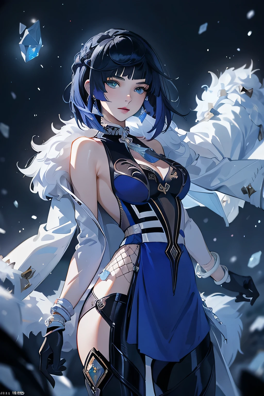((yelandef)):1.5,((masterpiece,Highest quality,Highly detailed 3DCG,Beautiful images))1.4(Dynamic images of Yelan、Fragments,crystals、Overall dim lighting、Backlight、A fantastic atmosphere、Dust flutters)1.3,(Yelan's full body image)1.1、(Exposed lateral breasts、Cool look、Cold Atmosphere):1.2