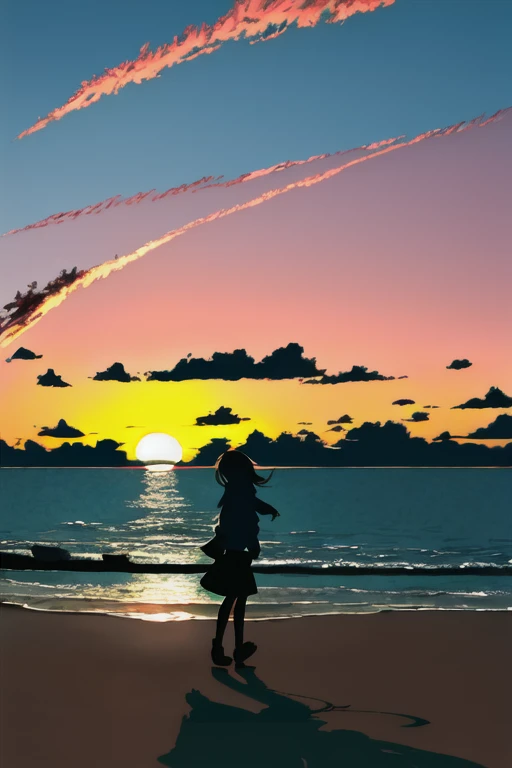 The light of the setting sun reflects fantastically from the seaside and scatters、Flying lights,Silhouette of a girl walking, ((Long Shadows))