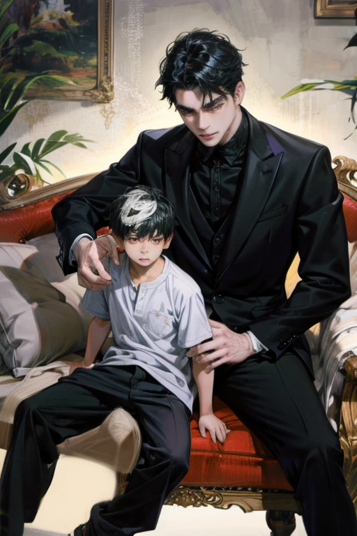 Two adult Asian men sitting on a sofa, clad in black suits. The unruly one, with unkempt black hair