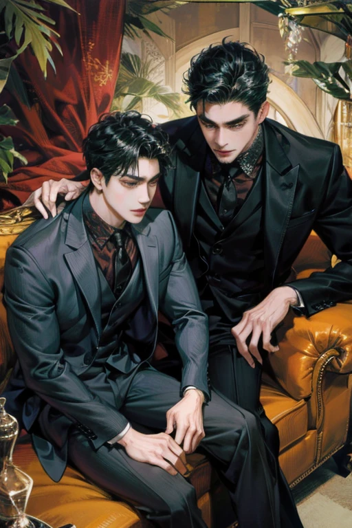 Two adult Asian men sitting on a sofa, clad in black suits. The unruly one, with unkempt black hair