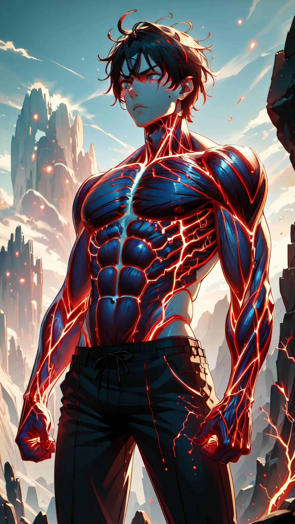 masterpiece, best quality,    1boy, glowingveins, red theme, glowing veins, muscular, yelling, cowboy shot, fists, red sky, mountains