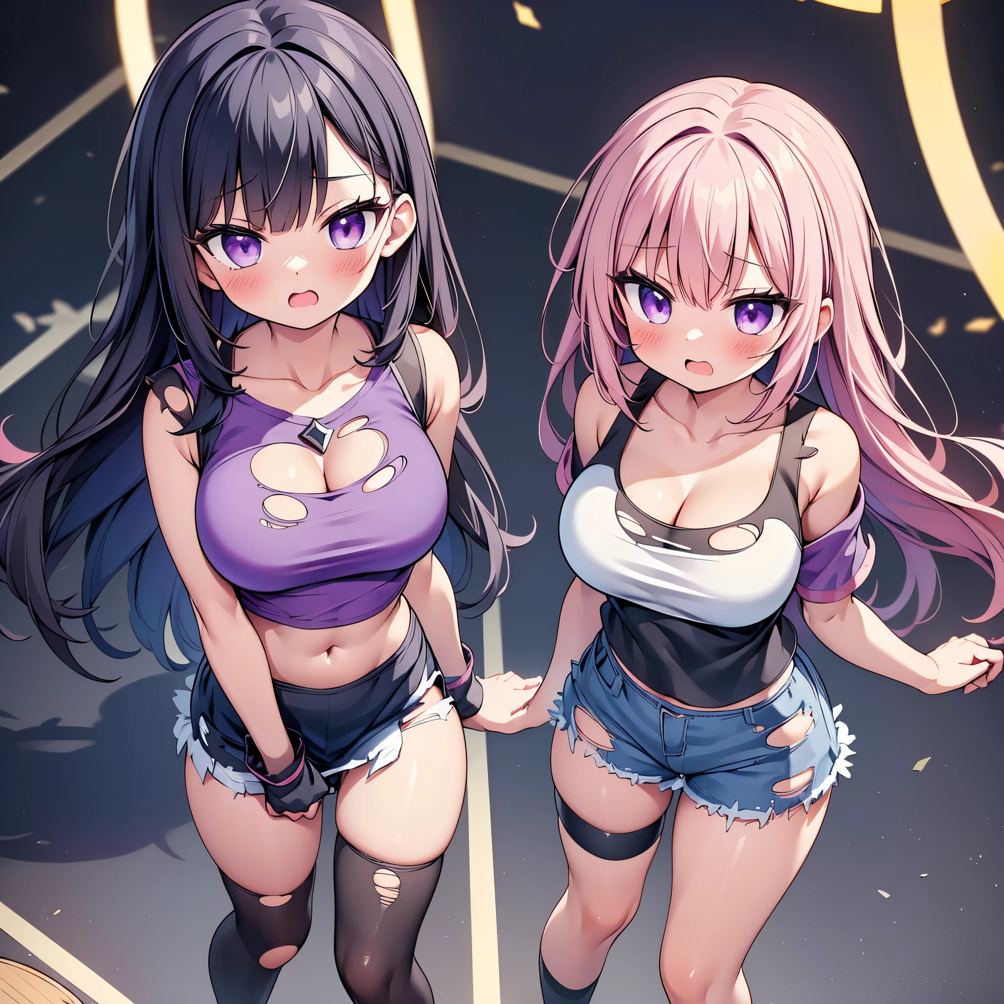 (8K、Best image quality、highest quality、masterpiece)、Detailed face、(2 girls, Black Hair, Purple Eyes, long hair)、Improve、 (magical pink girl outfit,frill mini skirt:1.2), (skinny body), (huge breasts:1.1), (cleavage cutout:1.2), (crop top navel:1.2), (torn clothes:1.8), (torn shirt:1.8), (open mouth), (embarrassed), Classroom Background, (black stockings:1.2), (Thighs:1.2), (Waistline), (from above:1.2)