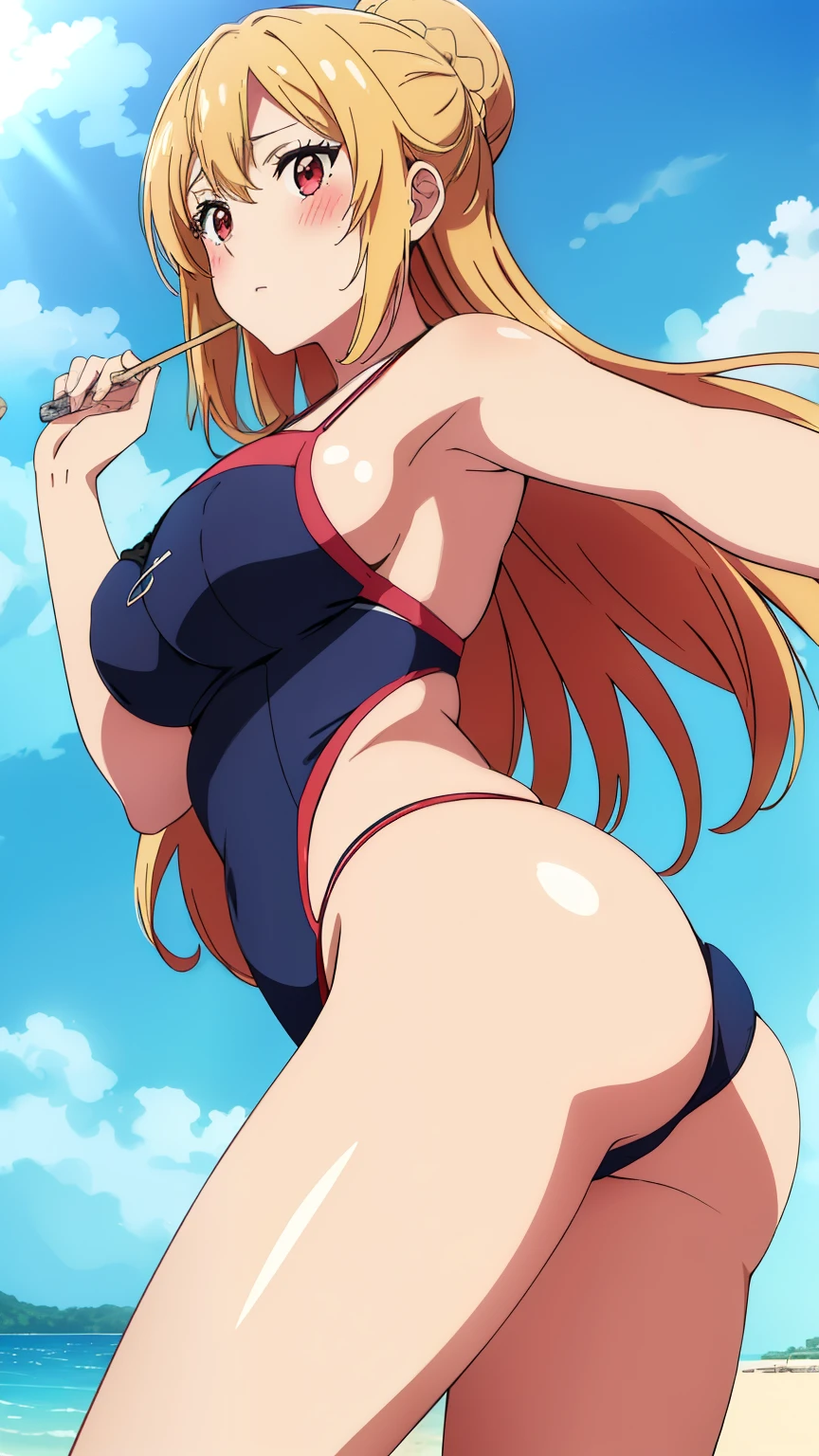 (highest quality, 8k, High resolution, masterpiece:1.2), Very detailed, Anime art style, Beautiful and complex eyes, Very detailed顔, Soft look, Stylish pose, Angelica V4, One Girl, alone, Red eyes, (Swimwear,Beach,From below,behind,Stick your ass out,Glancing sideways,blush:1.3), Looking at the audience, Center the image, Beautiful medium sized voluptuous breasts, Beautiful Face, Narrow waist, Charm, Soft lighting