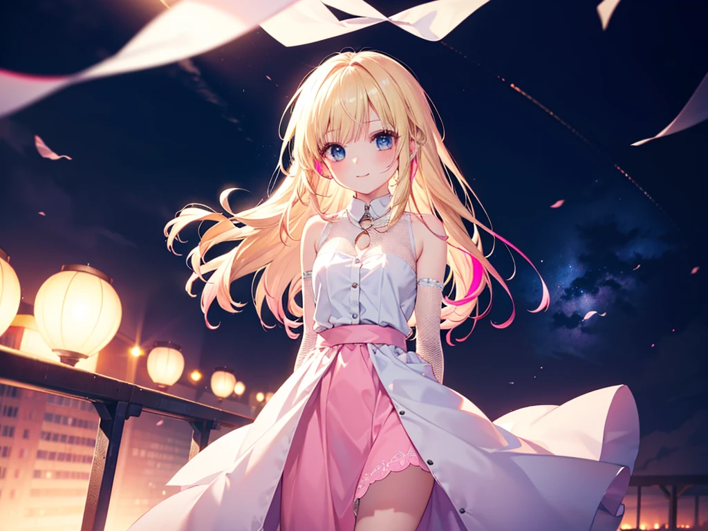 White and red dress, blue eyes, Beautiful details、 Shining Eyes, (((Blonde pink mesh hair)))、(((One Girl))),Multicolored Hair、Inner Color、28歳woman、Shortcuts、1 girl、Big smile、Beautiful sky、8K background、Medium Chest、whole body、woman、((((Place your arms behind your back)))),No sleeve、Black Knee High、Beautiful background
