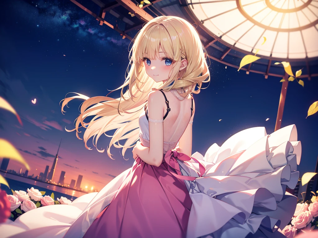 White and red dress, blue eyes, Beautiful details、 Shining Eyes, (((Blonde pink mesh hair)))、(((One Girl))),Multicolored Hair、Inner Color、28歳woman、Shortcuts、1 girl、Big smile、Beautiful sky、8K background、Medium Chest、whole body、woman、((((Place your arms behind your back)))),No sleeve、Black Knee High、Beautiful background