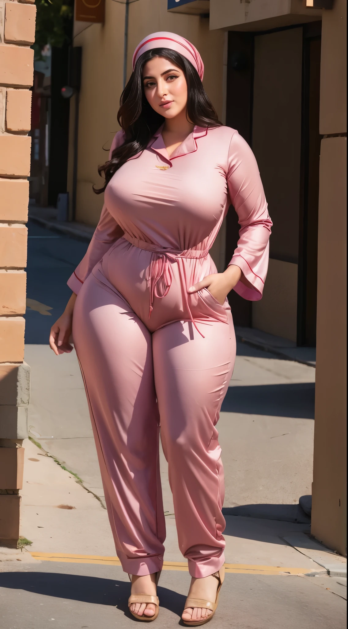 Arabic Woman in street, curvy body , wearing jumpsuit pajamas, beautiful woman, very detail ,pawg, long legs ,thick high, full body in camera, pawg, wearing strap wedges