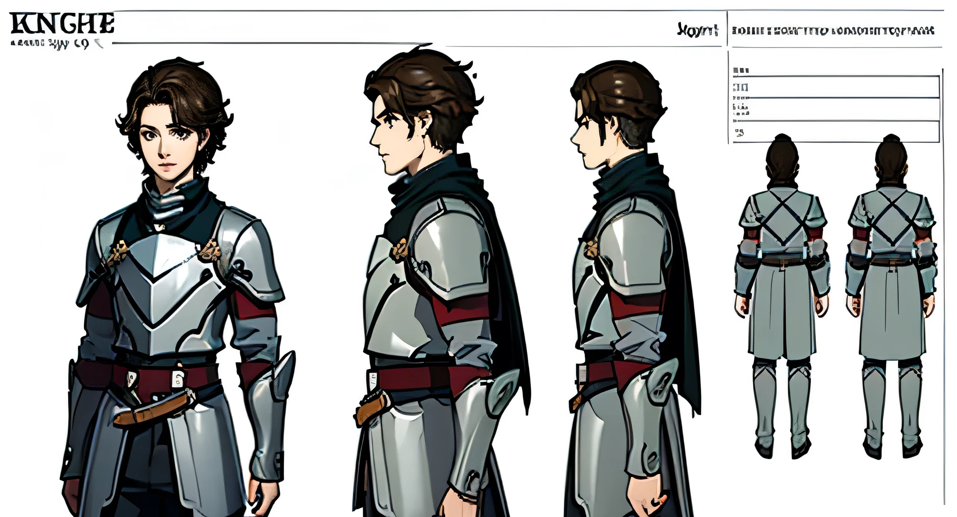 ((Best quality)), ((masterpiece)),  19 years old, brunette man, curly hair, happy and relaxed face, knight outfit, (((detailed character sheet , front view, side view, three-quarter view))) white background