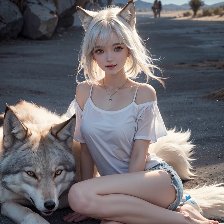 Desert, windy weather, white wolf、 ((highest quality、masterpiece、8k、best image quality、ultra high resolution、Award-winning work)、(accurate anatomy:1.1)、(look at me and smile:1.1)、Shining fair skin with ultra high resolution、most detailed face、ultra high resolution detailed face、white short hair flowing 、Beautiful face drawn in every details,T shirt and shorts, modest breast , real wolf beside the girl 