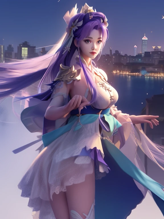 WZRY Mulan MQJF, 1 Girl, Long hair, Solitary, Ponytail, cape, white hair, jewelry, skirt, blue eyes, Black gloves, armor, breast,  cityscape, night, Looking at the audience, Mature female, Nice butt,，Beautiful buttocks，skirt里什么都没穿