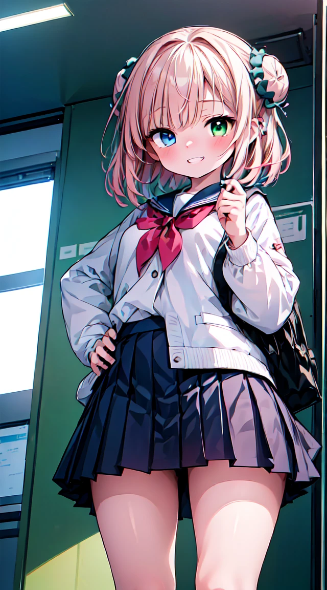 (masterpiece, highest quality, highest quality, Official Art, beautifully、aesthetic:1.2),Very detailed,Intricate details,Great illustrations,Award-winning art,atmosphere,
break, 1 beautiful girl, (cute:1.5), (Little: 0.8), (cute: 1.5), (upon: 0.5), (17-year-old girl), break(Redhead, short hair,Two buns hair:1.4),(:is,Grin:1.3),( Heterochromia,blue eyes,Green Eyes, Eye highlights,The first hyperfine star:1.45), Starry eyes silhouette thick eyelashes, Bare double eyelids:1.2),(White skin), (The best smile,:is:1.45),
break, train,station,(girl), platform, snow, (coat:1.1),Yamanote Line, (school uniform:1.2),
break,Wakame seaweed,Wakame seaweed,Wakame seaweed,(Cowboy Shot,From below:1.4),
break,(Blurred Background:1.3),(Absurd, High resolution, Super isetail Art),Cel Shading,Clear Color, Optical Effects, beautiful photo, Bright glow, 神秘的なatmosphere,(Close-up of a girl:1.1), Mysterious light particle effect,Manga influence, Beautiful line drawing,